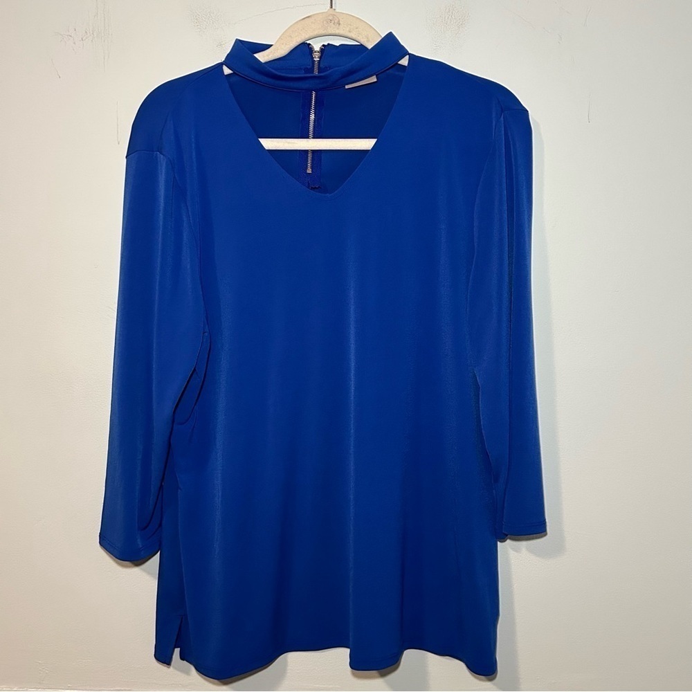 Chico’s Blue Neck Choker Long Sleeve Blouse Size 12